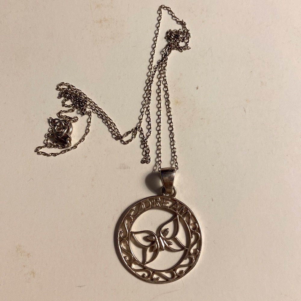 925 RJ Silver DREAM Butterfly Pendant Round Filigree Design w/925 Chain Necklace